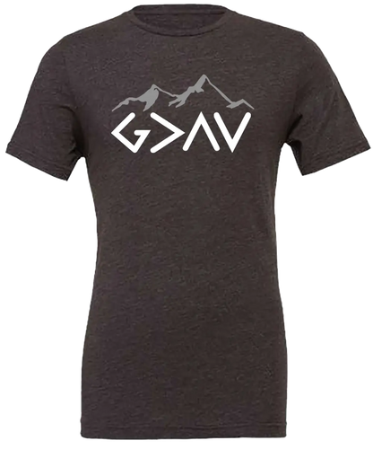 Dark gray t-shirt with mountain graphic and "God is Greater Than My Highs and My Lows - G>^V". Paper Street Print Co, Blairstown, NJ.