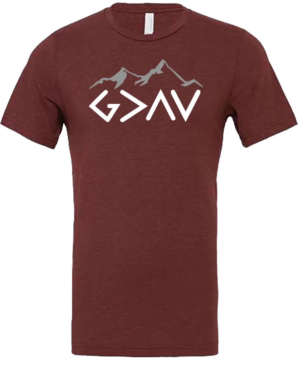 Maroon t-shirt "God is Greater Than My Highs and My Lows - G>^V". Paper Street Print Co, Blairstown, NJ.