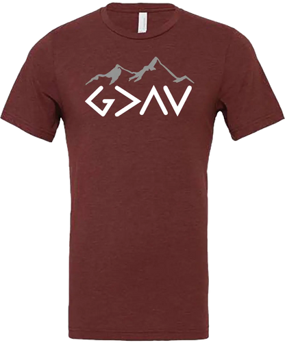 Maroon t-shirt "God is Greater Than My Highs and My Lows - G>^V". Paper Street Print Co, Blairstown, NJ.
