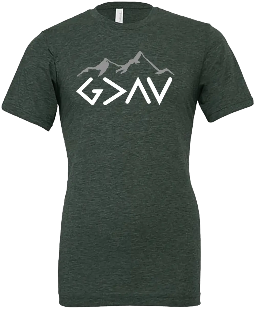 Green t-shirt with mountain graphic "God is Greater Than My Highs and My Lows - G>^V". Paper Street Print Co, Blairstown, NJ.