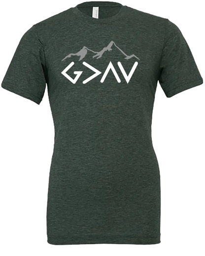 Green t-shirt with mountain graphic "God is Greater Than My Highs and My Lows - G>^V". Paper Street Print Co, Blairstown, NJ.