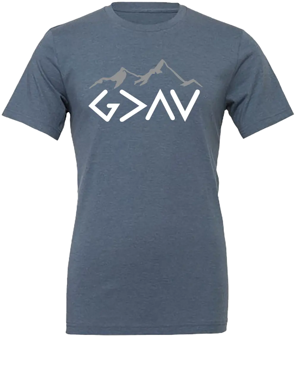 Blue t-shirt with a mountain graphic "God is Greater Than My Highs and My Lows - G>^V". Paper Street Print Co, Blairstown, NJ.