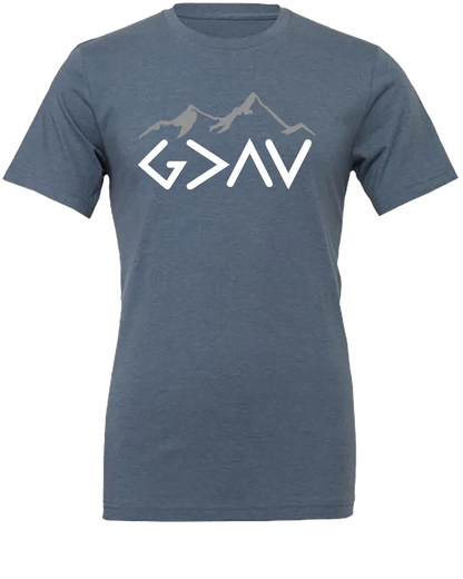 Blue t-shirt with a mountain graphic "God is Greater Than My Highs and My Lows - G>^V". Paper Street Print Co, Blairstown, NJ.