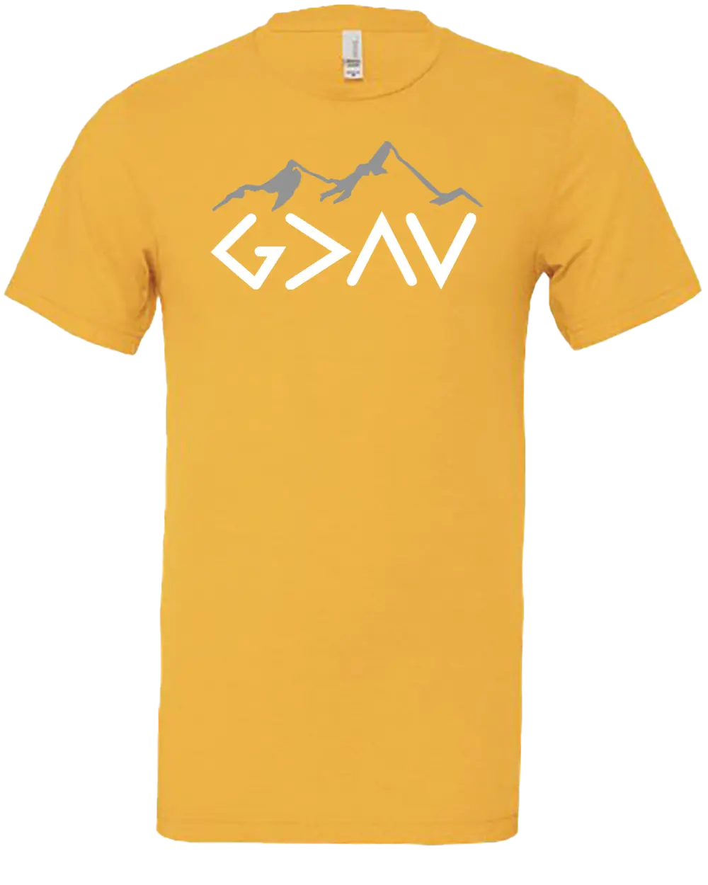 Yellow t-shirt with a mountain and "God is Greater Than My Highs and My Lows - G>^V". Paper Street Print Co, Blairstown, NJ.