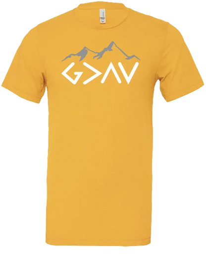 Yellow t-shirt with a mountain and "God is Greater Than My Highs and My Lows - G>^V". Paper Street Print Co, Blairstown, NJ.