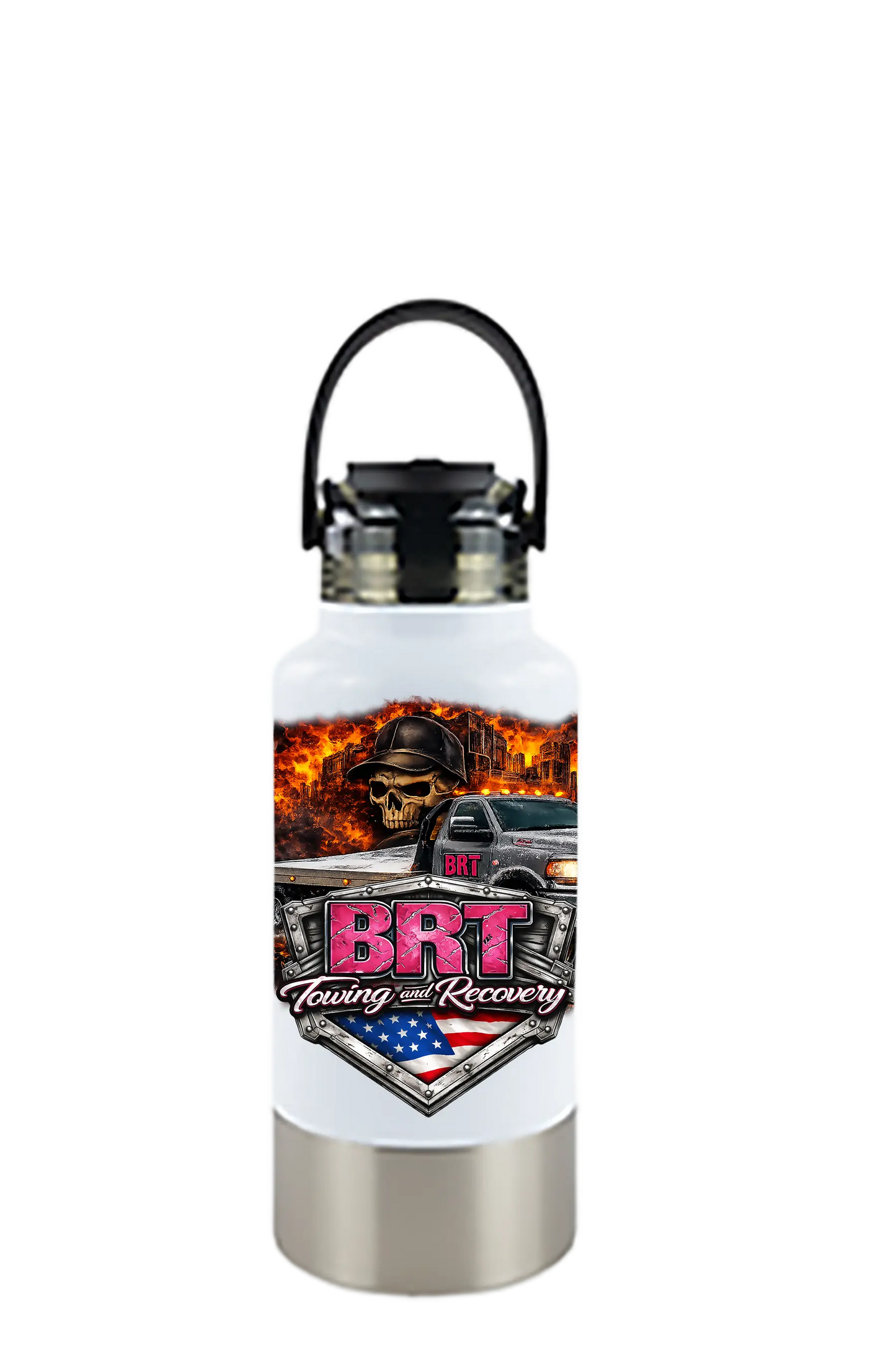 White water bottle with BRT Towing and Recovery logo on a white background. BRT Towing and Recovery, Paper Street Print Co, Blairstown, NJ.