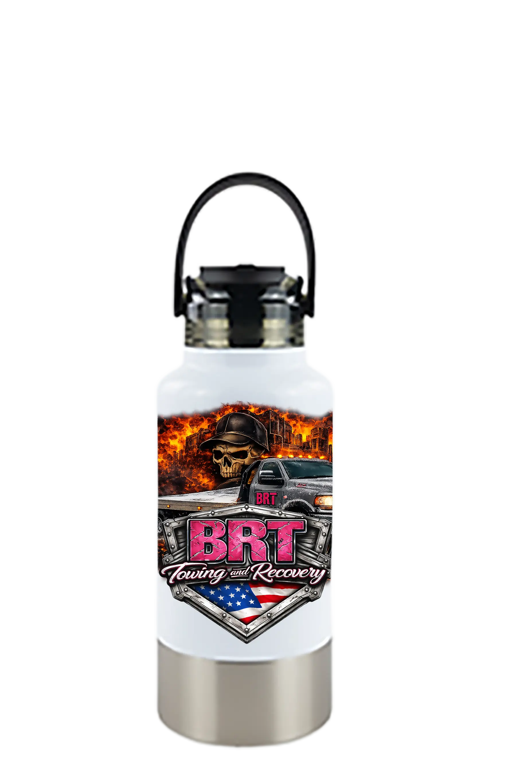 White water bottle with BRT Towing and Recovery logo on a white background. BRT Towing and Recovery, Paper Street Print Co, Blairstown, NJ.