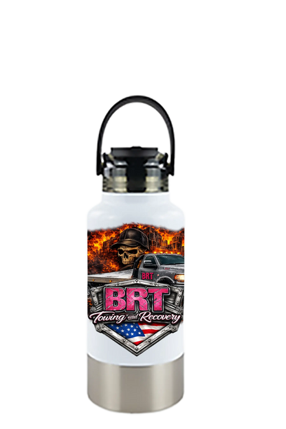 White water bottle with BRT Towing and Recovery logo on a white background. BRT Towing and Recovery, Paper Street Print Co, Blairstown, NJ.
