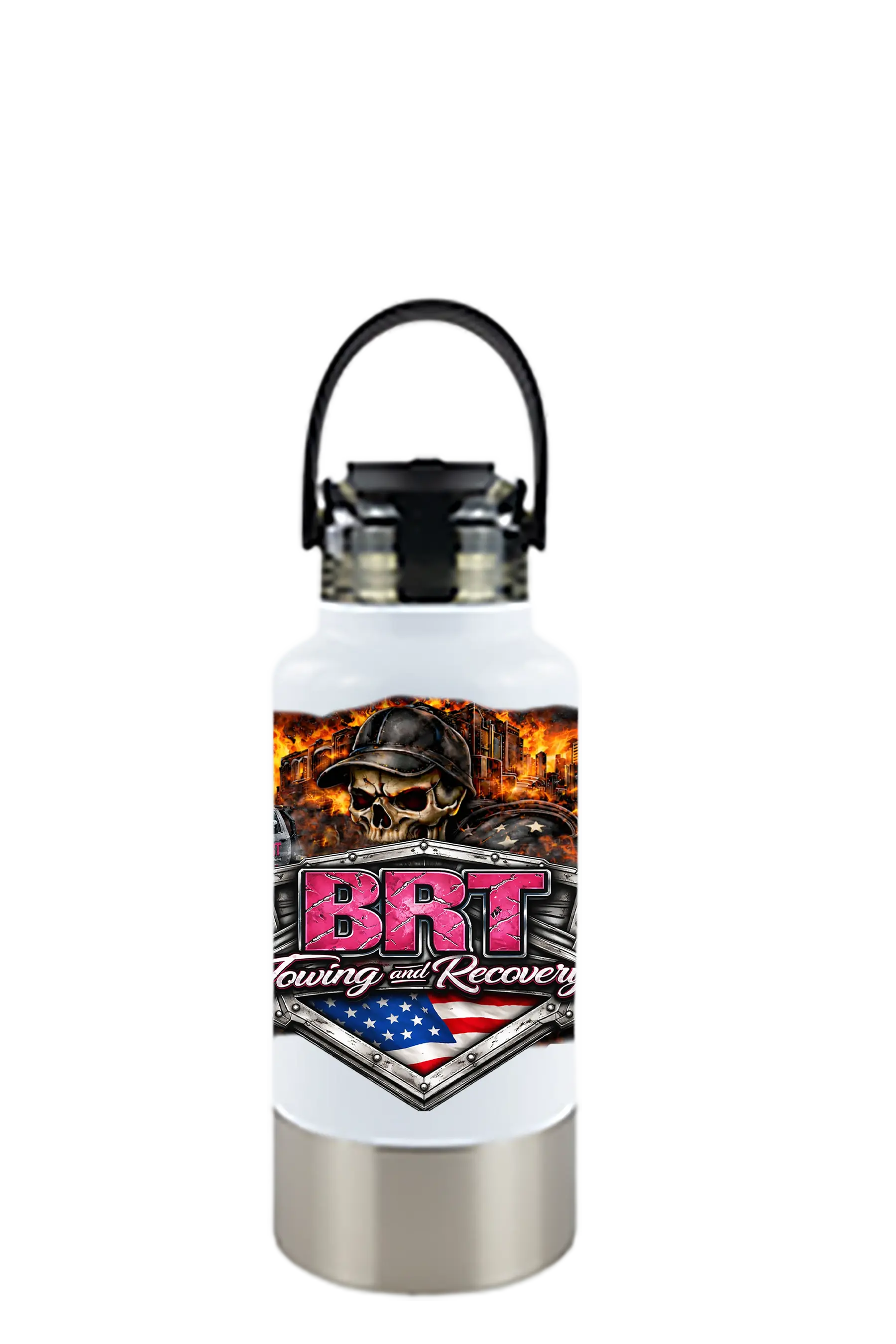 Stainless steel water bottle with BRT Towing and Recovery design on a white background. BRT Towing and Recovery, Paper Street Print Co, Blairstown, NJ.