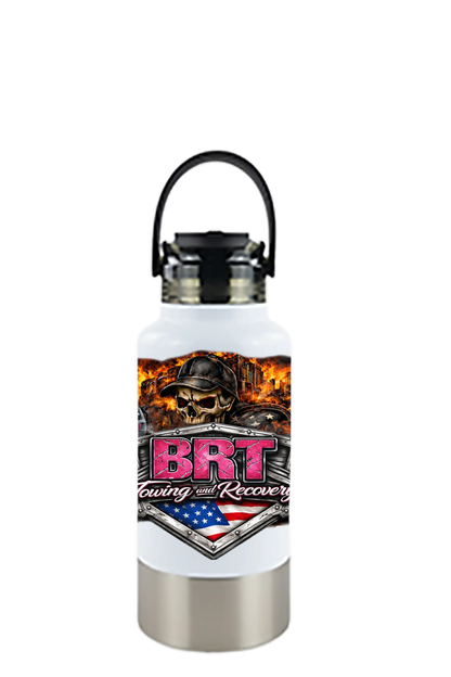 Stainless steel water bottle with BRT Towing and Recovery design on a white background. BRT Towing and Recovery, Paper Street Print Co, Blairstown, NJ.