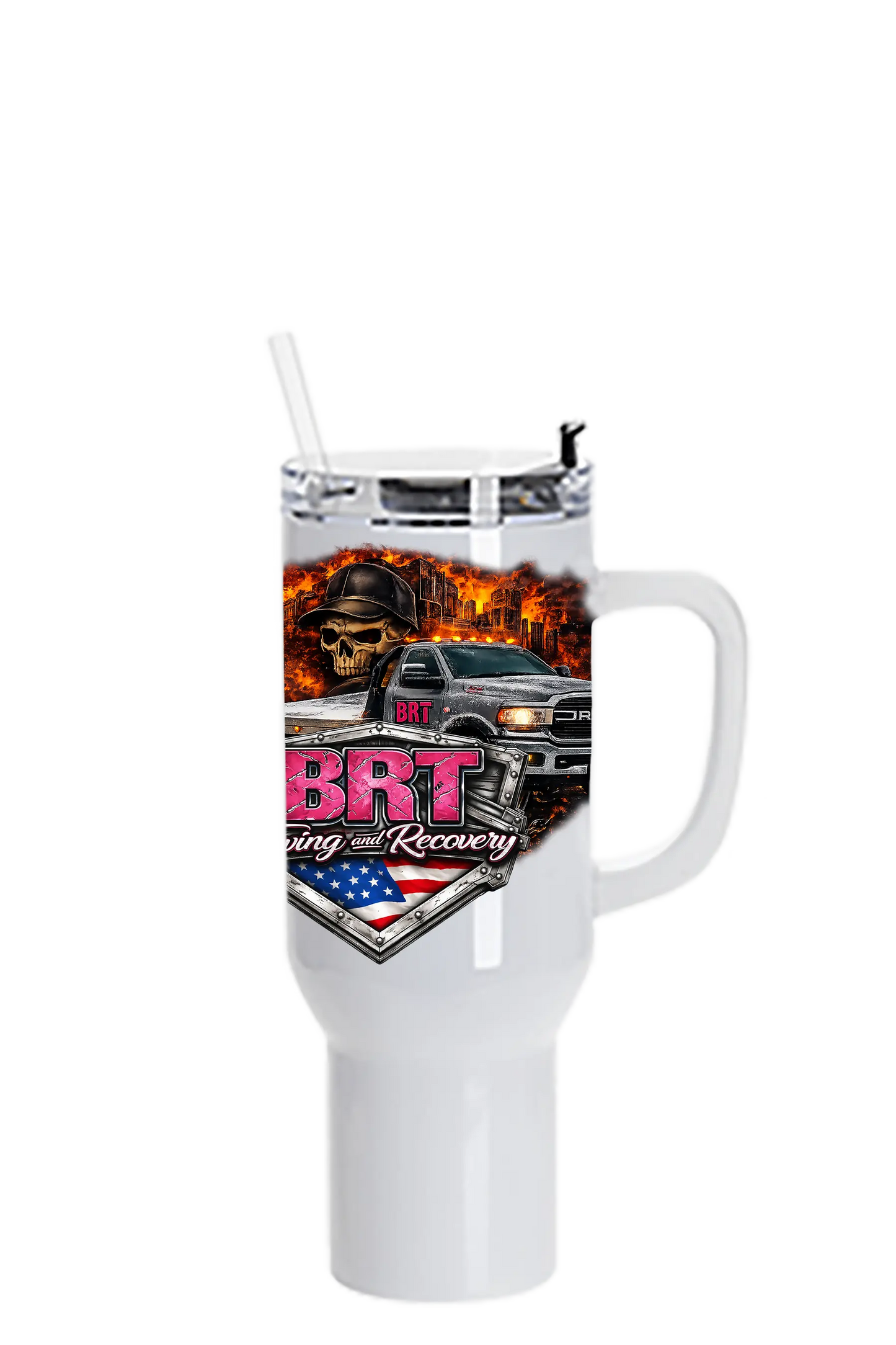 White tumbler with a colorful design featuring a truck and skull, branded 'BRT'. BRT Towing and Recovery, Paper Street Print Co, Blairstown, NJ.