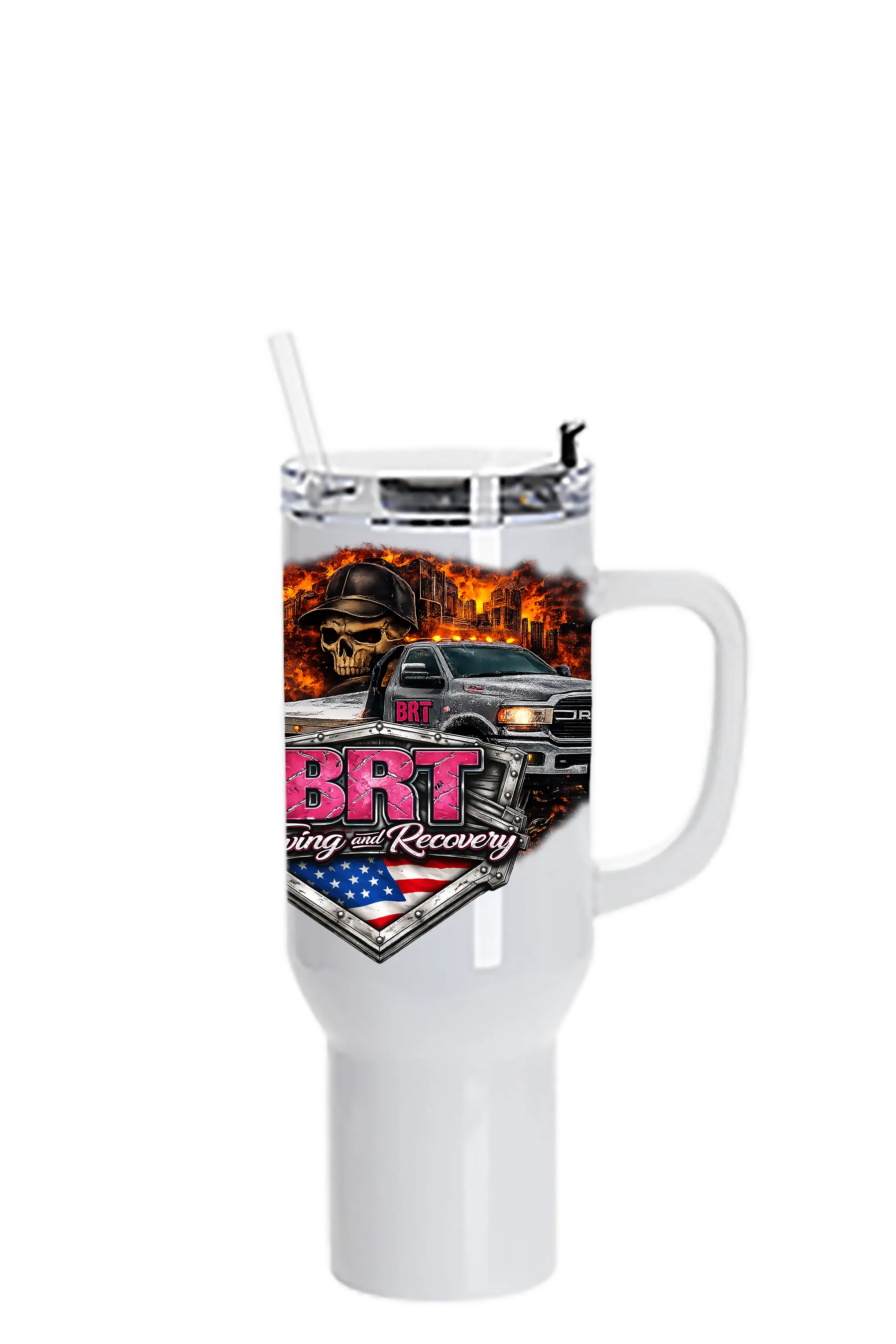White tumbler with a colorful design featuring a truck and skull, branded 'BRT'. BRT Towing and Recovery, Paper Street Print Co, Blairstown, NJ.