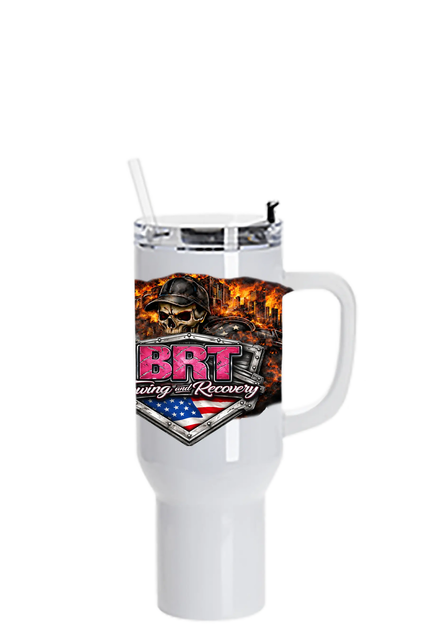 White travel mug with BRT logo and design on a white background. BRT Towing and Recovery, Paper Street Print Co, Blairstown, NJ.