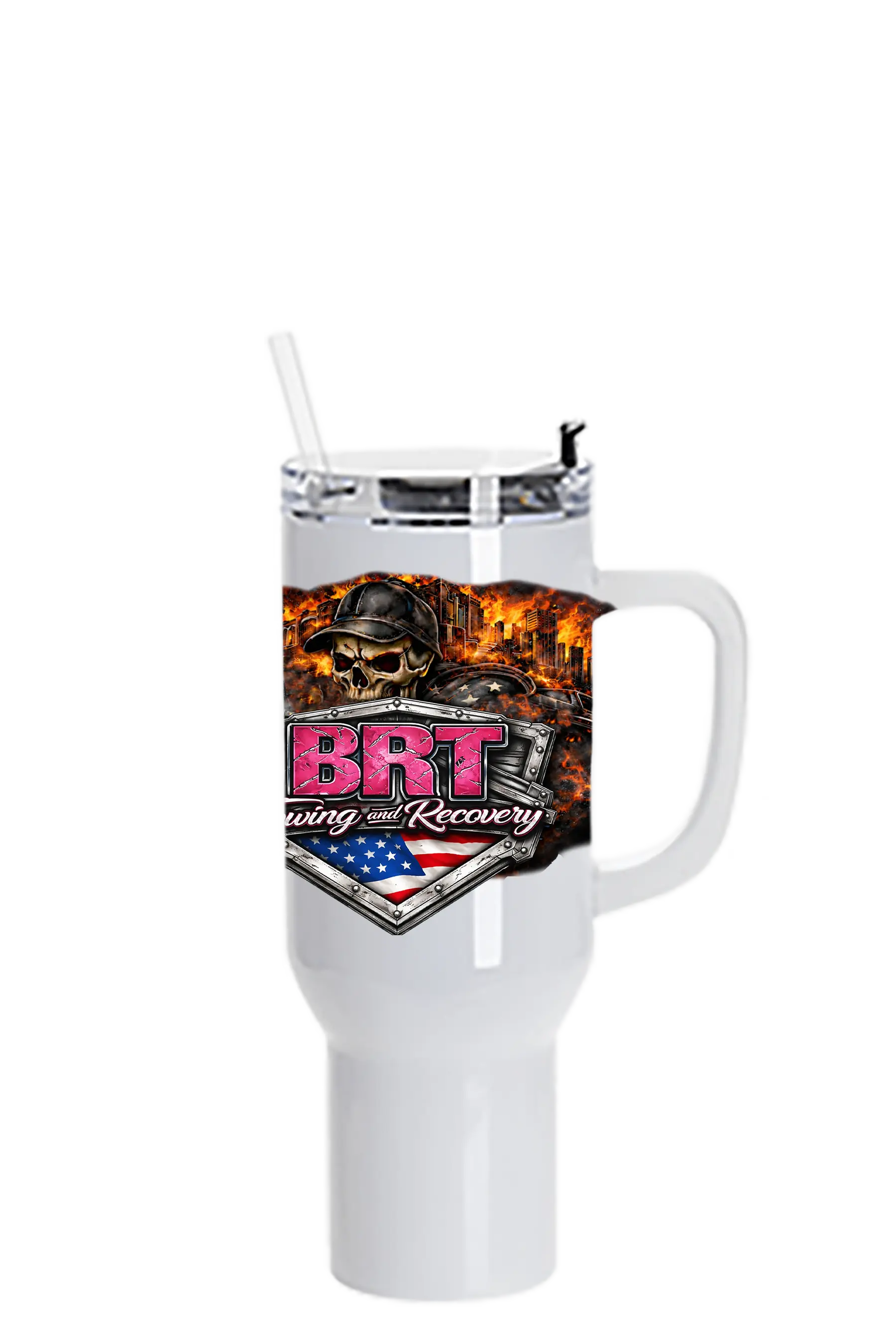 White travel mug with BRT logo and design on a white background. BRT Towing and Recovery, Paper Street Print Co, Blairstown, NJ.