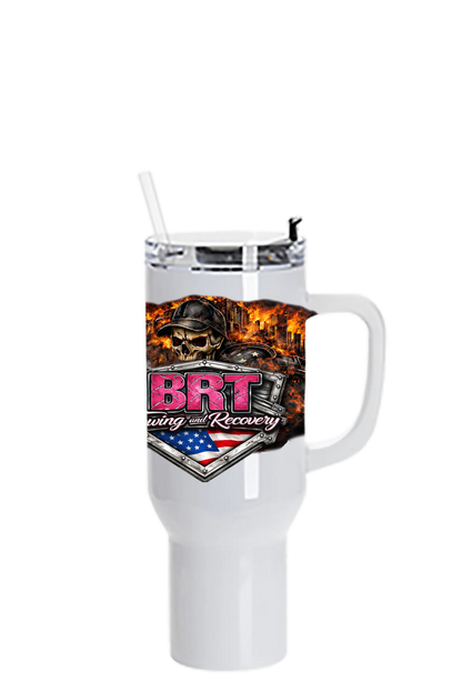 White travel mug with BRT logo and design on a white background. BRT Towing and Recovery, Paper Street Print Co, Blairstown, NJ.