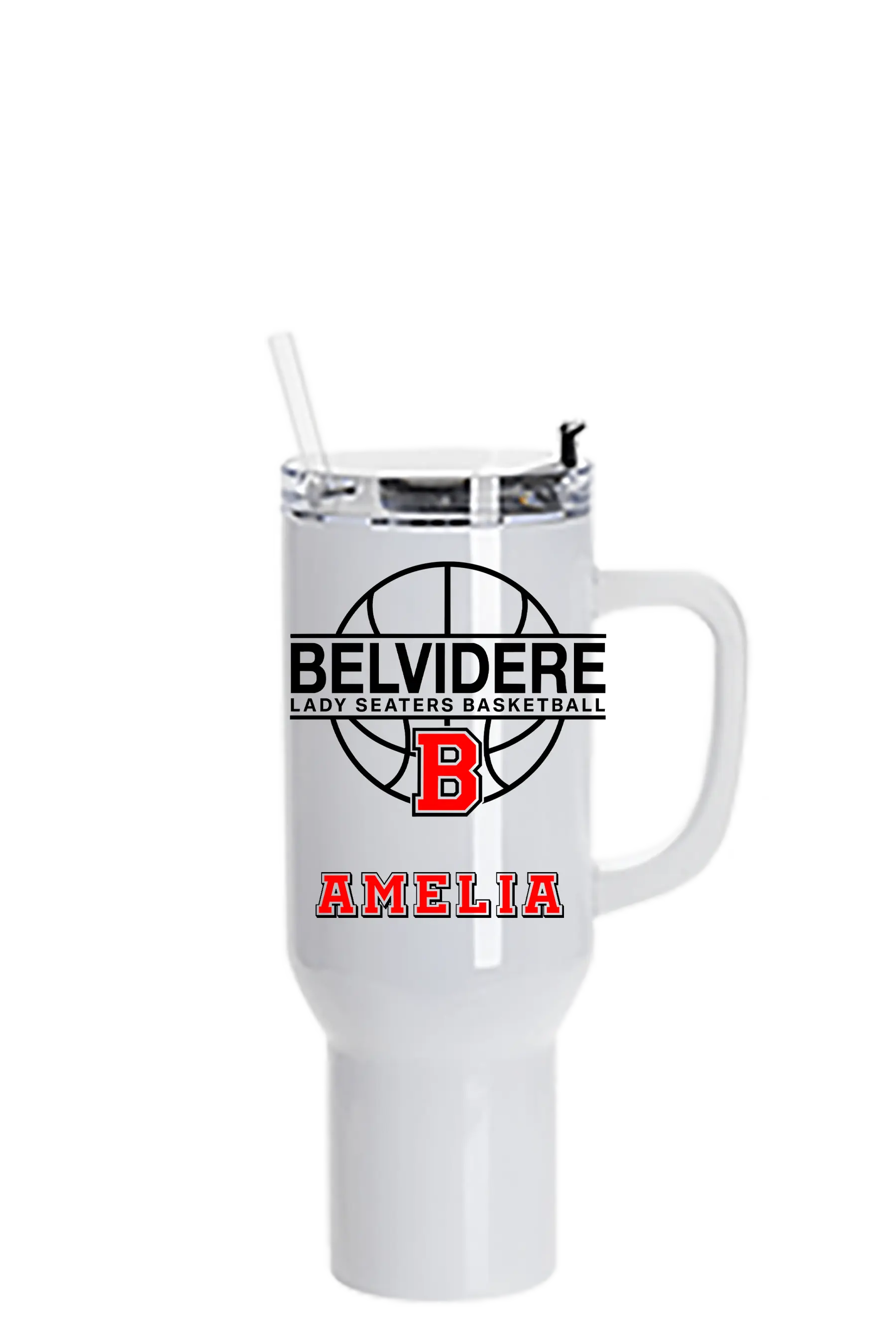 A white insulated travel tumbler with a handle, clear lid, and straw. The front features a black basketball graphic with the text 'BELVIDERE LADY SEATERS BASKETBALL', a red block 'B', and the name 'AMELIA' in red. Paper Street Print Co, Blairstown, NJ.