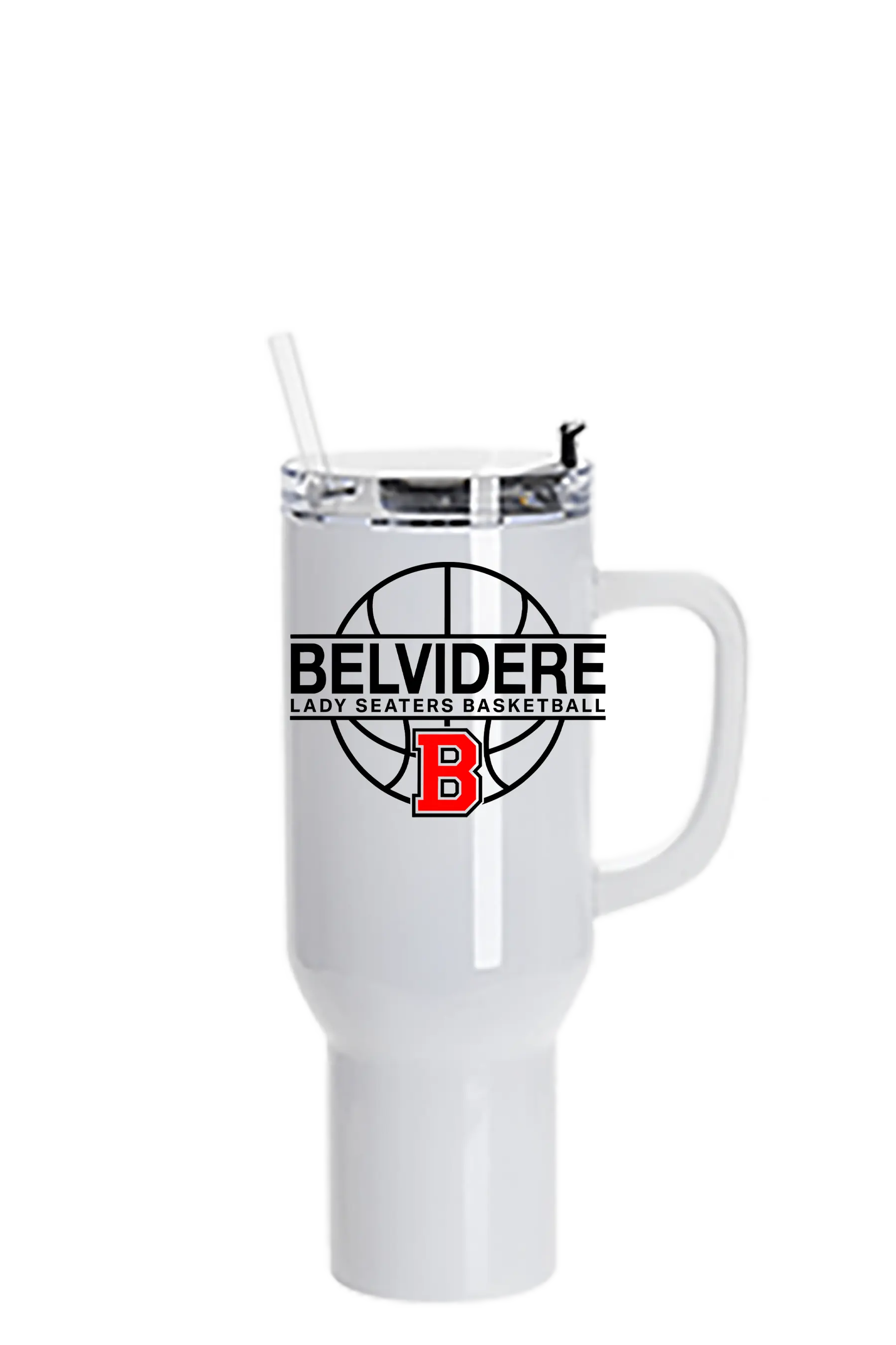 A white insulated travel tumbler with a handle and clear lid, featuring a black basketball graphic and the text 'BELVIDERE LADY SEATERS BASKETBALL' with a red 'B' logo on the front. Paper Street Print Co, Blairstown, NJ.