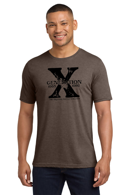 Man wearing a brown t-shirt with 'Generation X' logo on a white background - Paper Street Print Co, Blairstown, NJ.