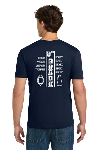 Person wearing a navy blue t-shirt with '8th Grade' design on the back, standing against a white background. Paper Street Print Co, Blairstown, NJ.