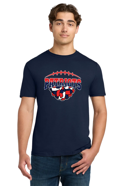 Person wearing a navy blue t-shirt with 'Patriots' logo on a white background. Paper Street Print Co, Blairstown, NJ.