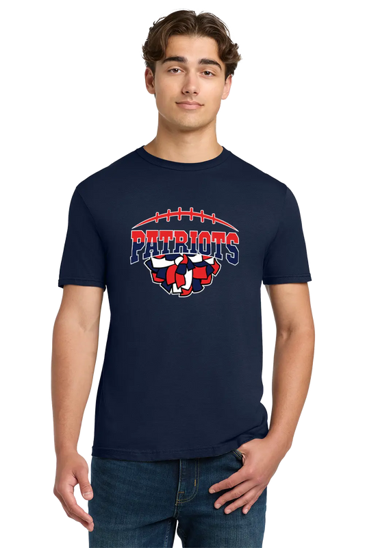 Person wearing a navy blue t-shirt with 'Patriots' logo on a white background. Paper Street Print Co, Blairstown, NJ.