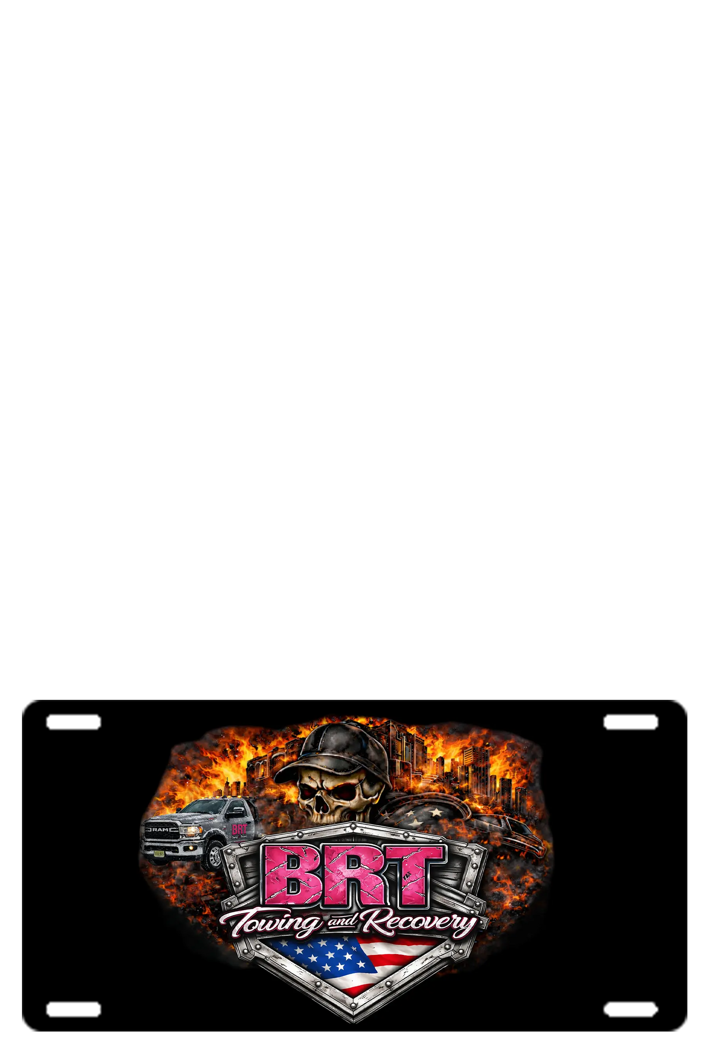 License plate with BRT Towing and Recovery logo featuring a skull and American flag design on a black background. BRT Towing and Recovery, Paper Street Print Co, Blairstown, NJ.