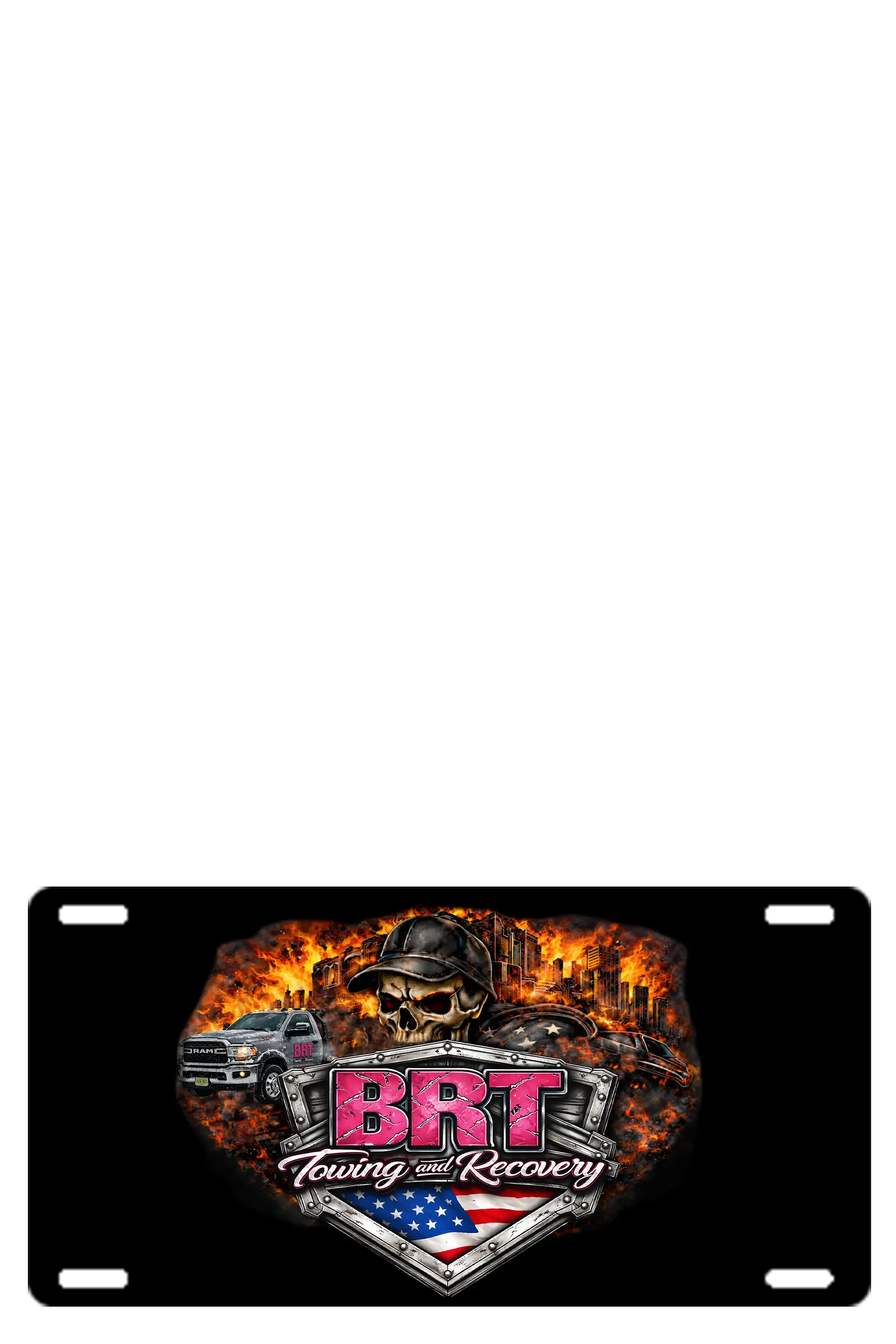 License plate with BRT Towing and Recovery logo featuring a skull and American flag design on a black background. BRT Towing and Recovery, Paper Street Print Co, Blairstown, NJ.