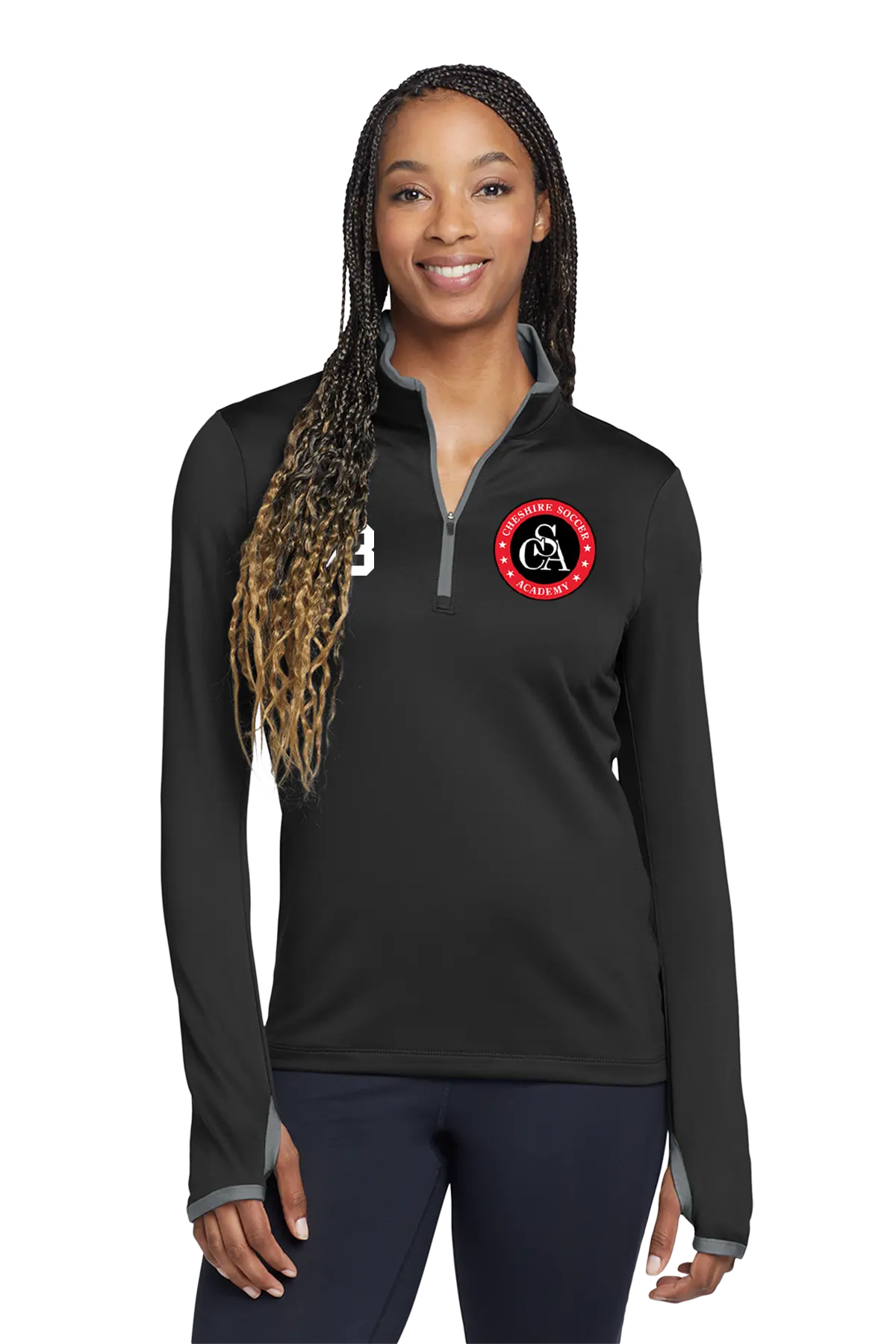 Woman wearing a black long-sleeve shirt with a logo on a white background. Paper Street Print Co, Blairstown, NJ.