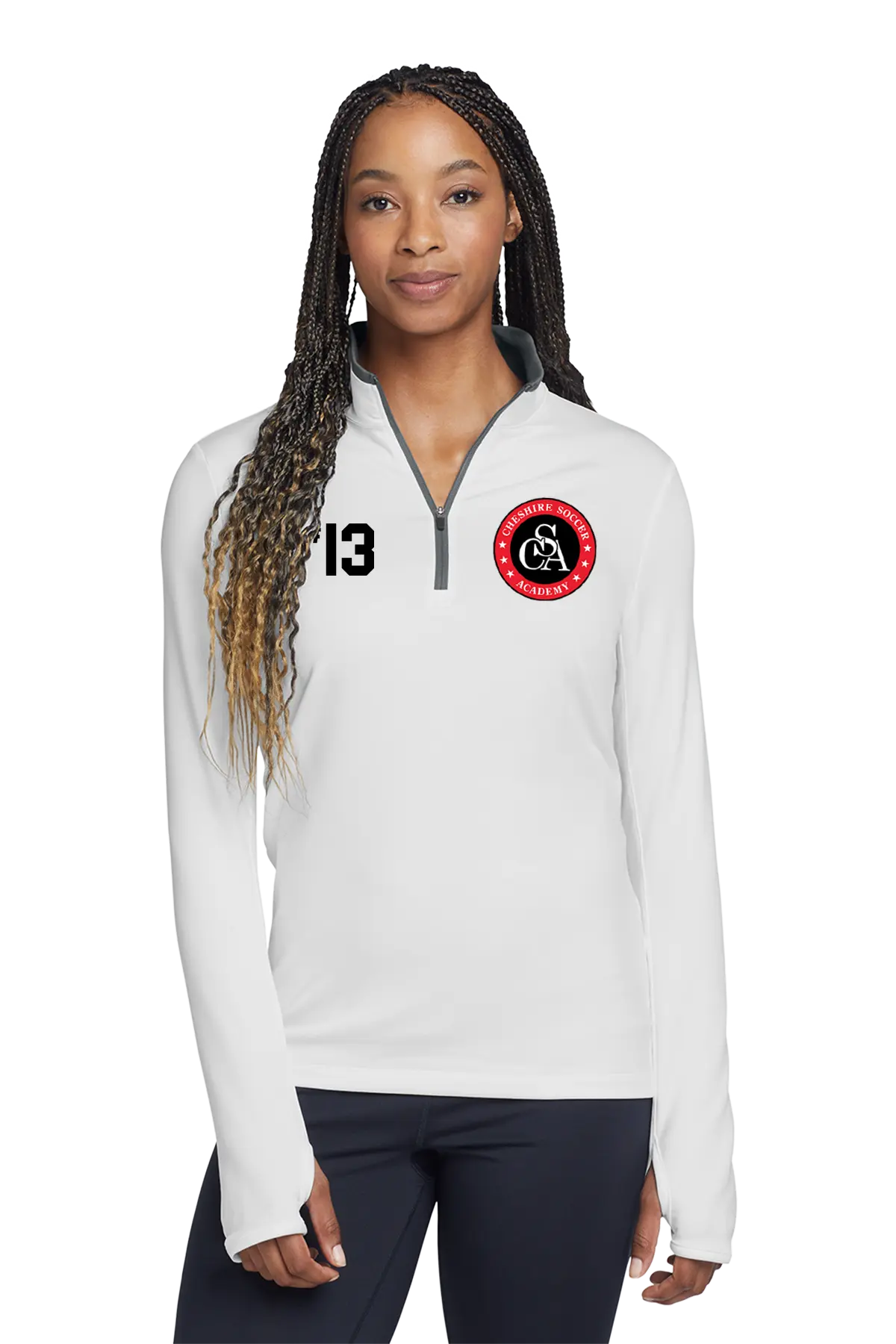 Woman wearing a white pullover with a logo and number on a white background. Paper Street Print Co, Blairstown, NJ.
