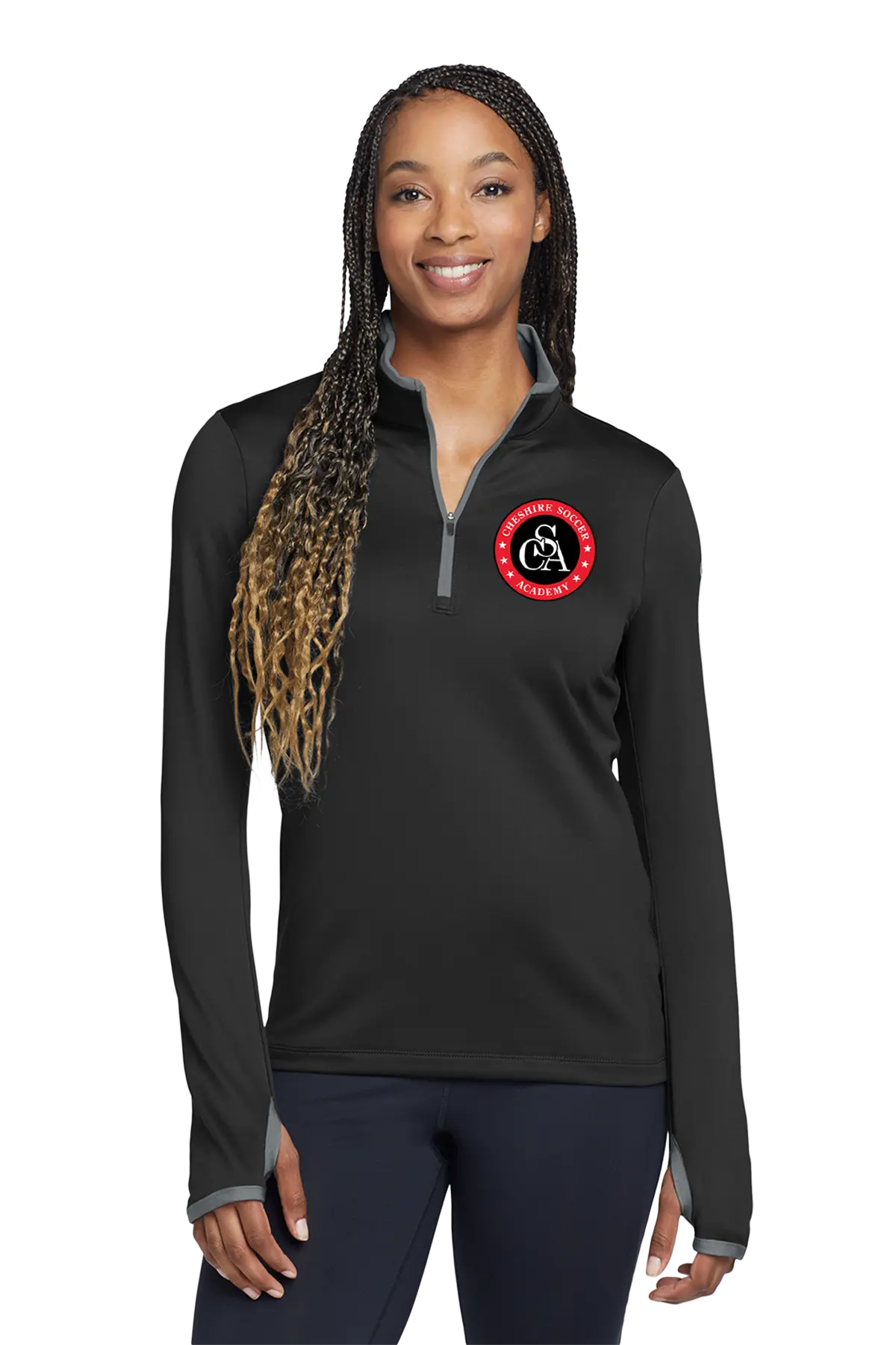 Woman wearing a black long-sleeve shirt with a logo on a white background. Paper Street Print Co, Blairstown, NJ.