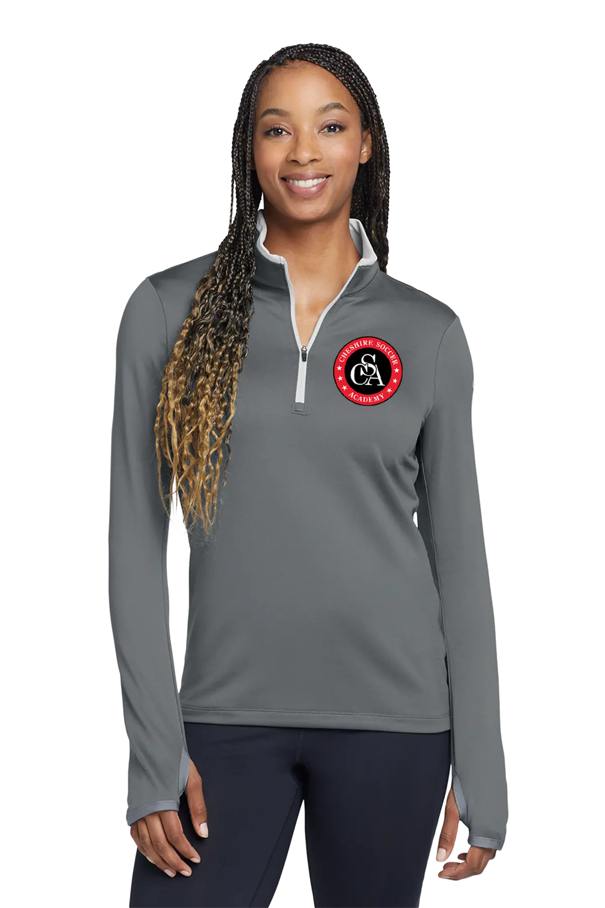 Woman wearing a gray long-sleeve shirt with a logo on a white background. Paper Street Print Co, Blairstown, NJ.