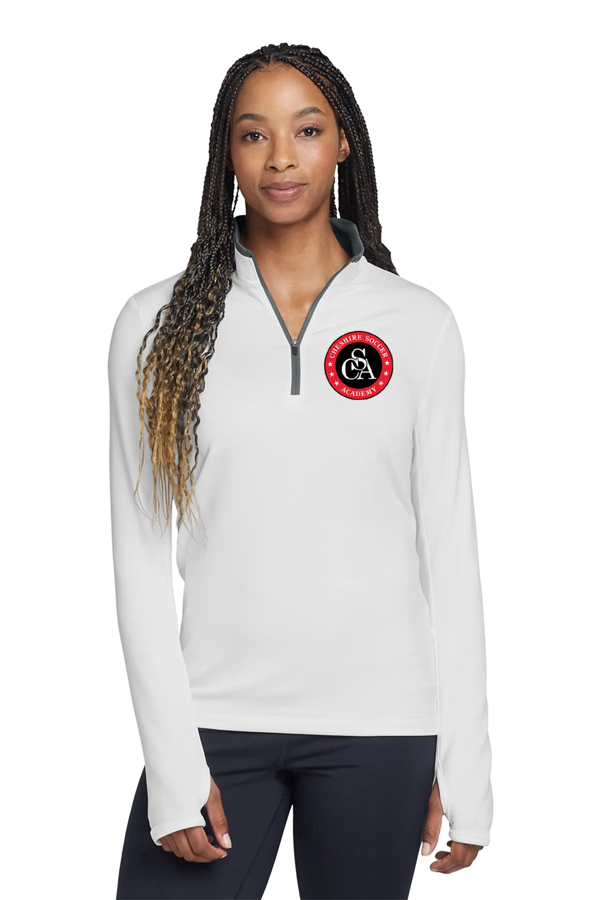 Woman wearing a white pullover with a red and black logo on a white background. Paper Street Print Co, Blairstown, NJ.
