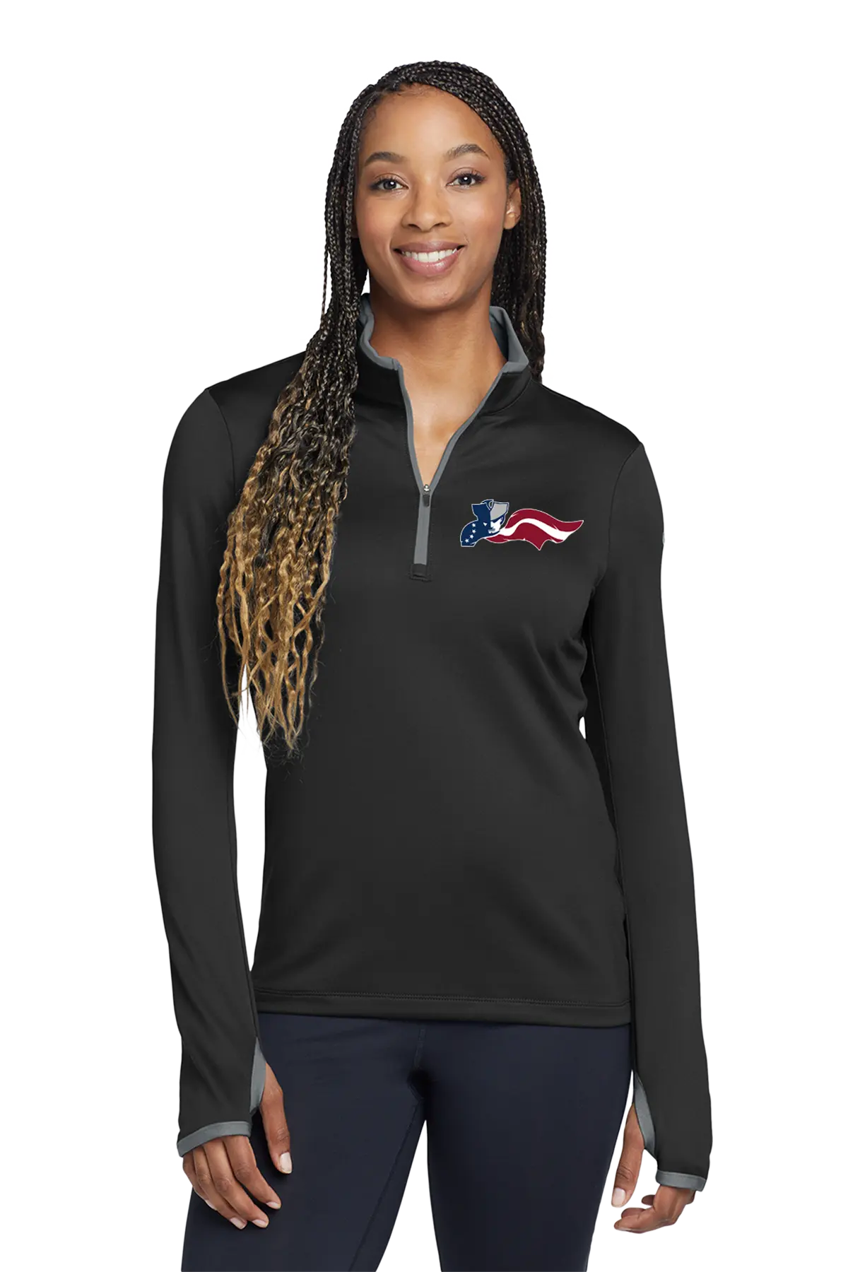 Woman wearing a black long-sleeve shirt with an American flag logo on a white background. Paper Street Print Co, Blairstown, NJ.