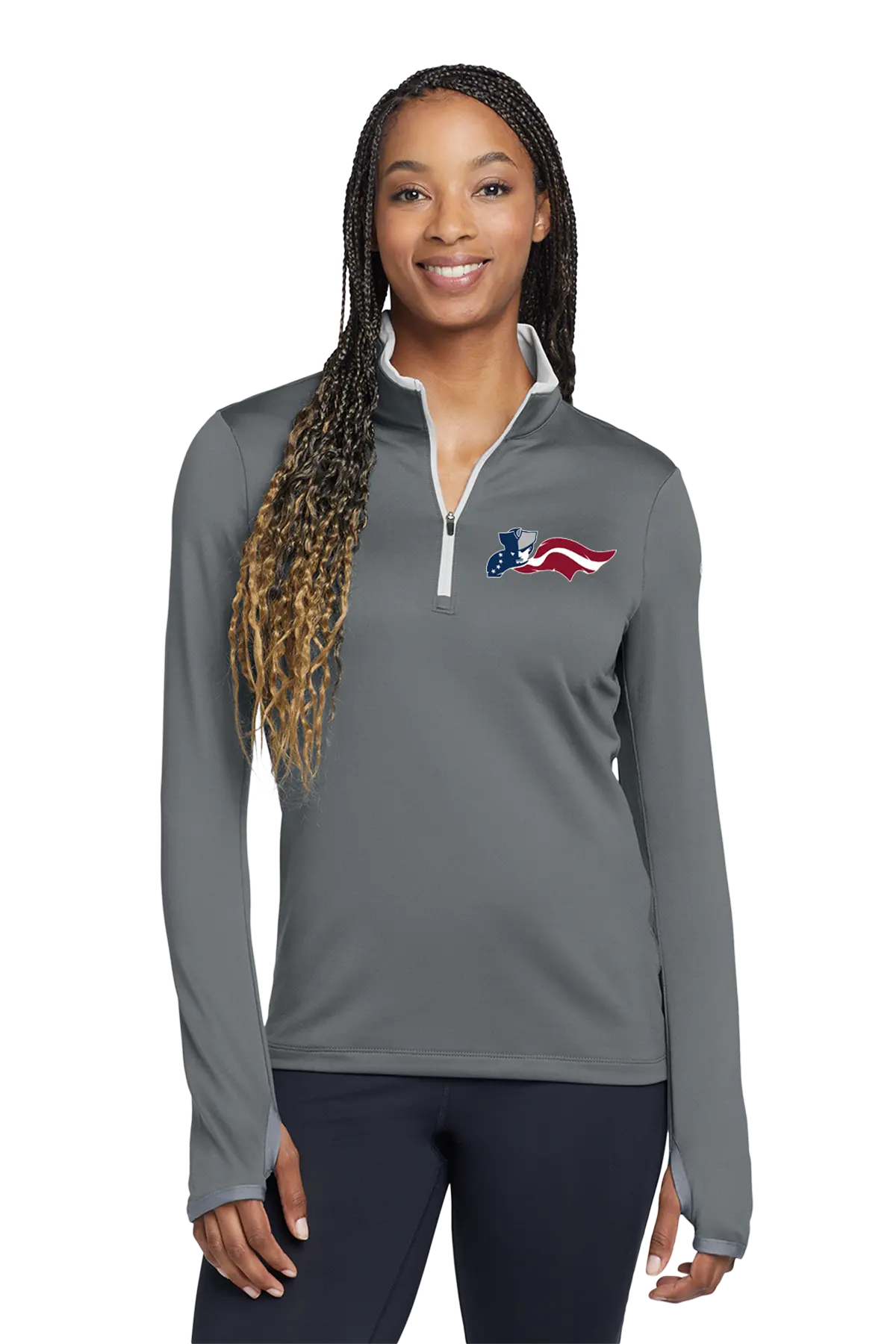 Woman wearing a gray long-sleeve shirt with a logo on a white background. Paper Street Print Co, Blairstown, NJ.