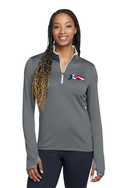 Woman wearing a gray long-sleeve shirt with a logo on a white background. Paper Street Print Co, Blairstown, NJ.