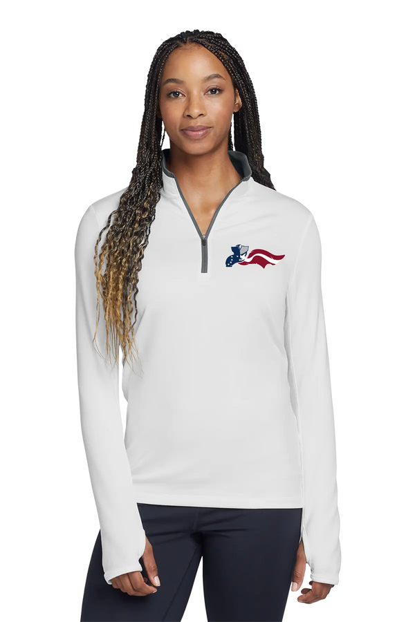 Woman wearing a white pullover with a logo on a white background. Paper Street Print Co, Blairstown, NJ.