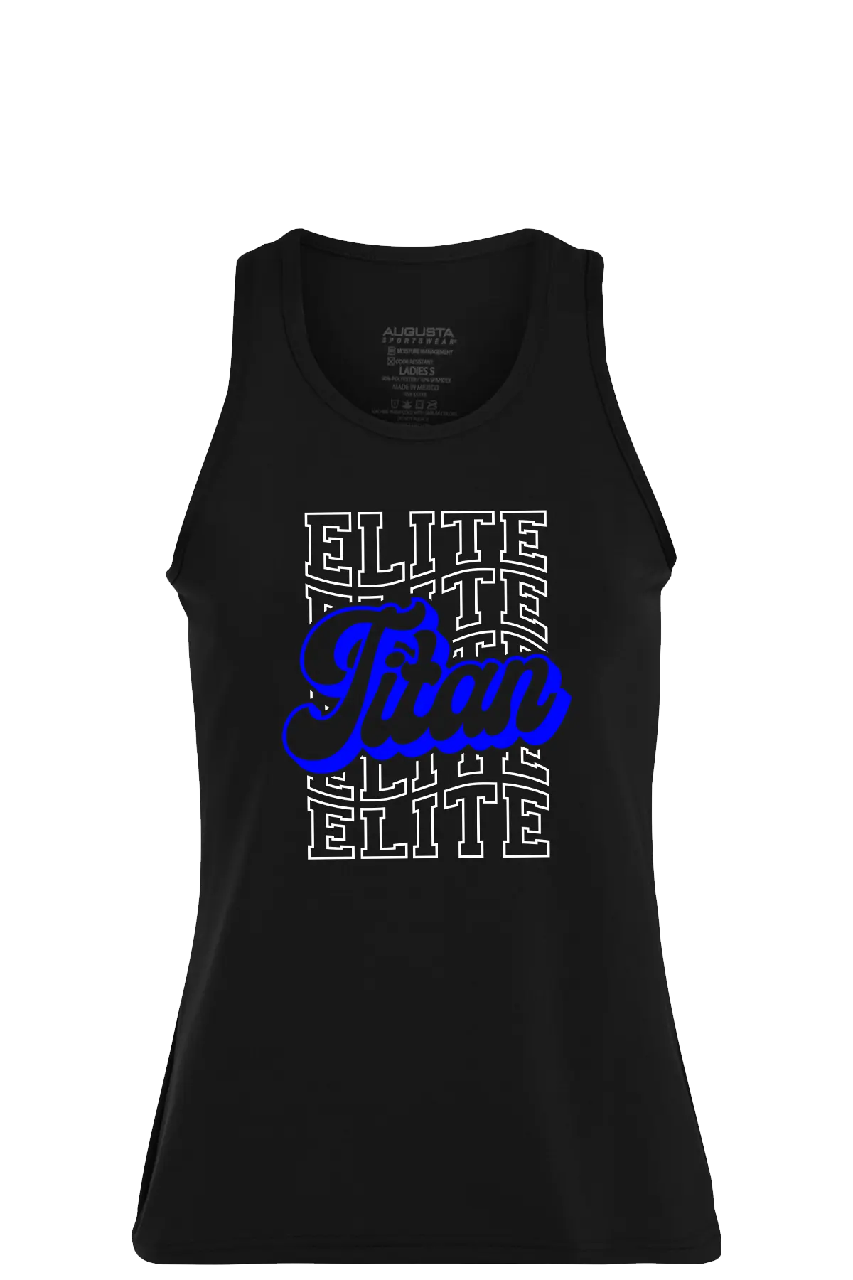 Black tank top with 'Elite Team' text in blue and white on a white background. Paper Street Print Co, Blairstown, NJ.