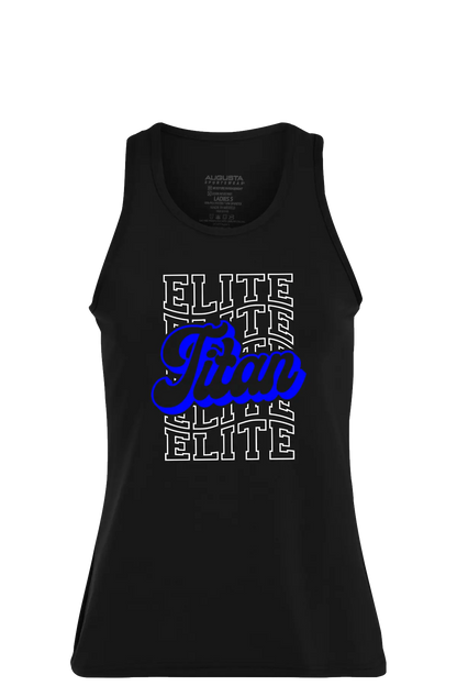 Black tank top with 'Elite Team' text in blue and white on a white background. Paper Street Print Co, Blairstown, NJ.
