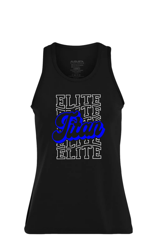 Black tank top with 'Elite Team' text in blue and white on a white background. Paper Street Print Co, Blairstown, NJ.