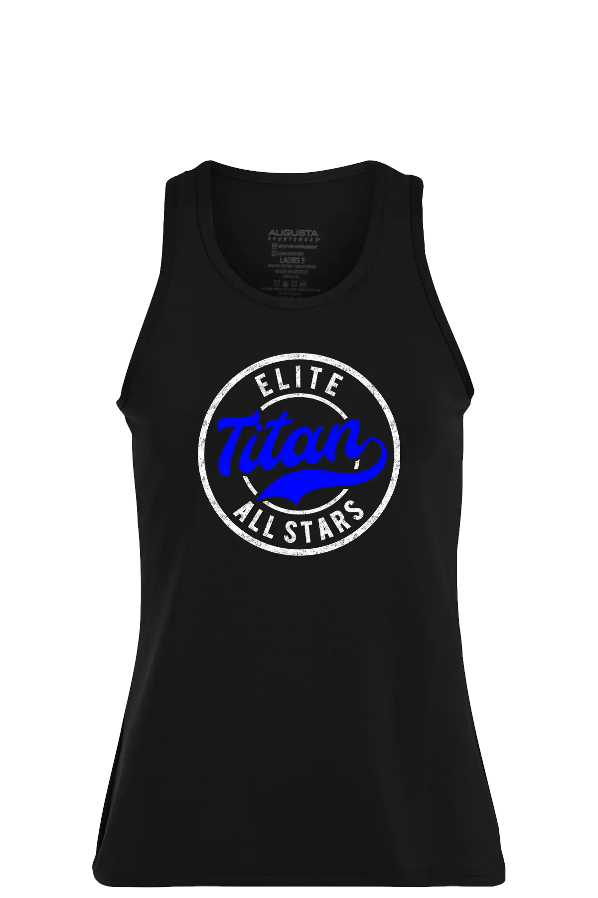 Black tank top with 'Elite Titan All Stars' logo on a white background. Paper Street Print Co, Blairstown, NJ.