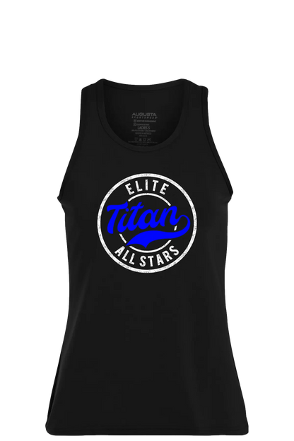 Black tank top with 'Elite Titan All Stars' logo on a white background. Paper Street Print Co, Blairstown, NJ.