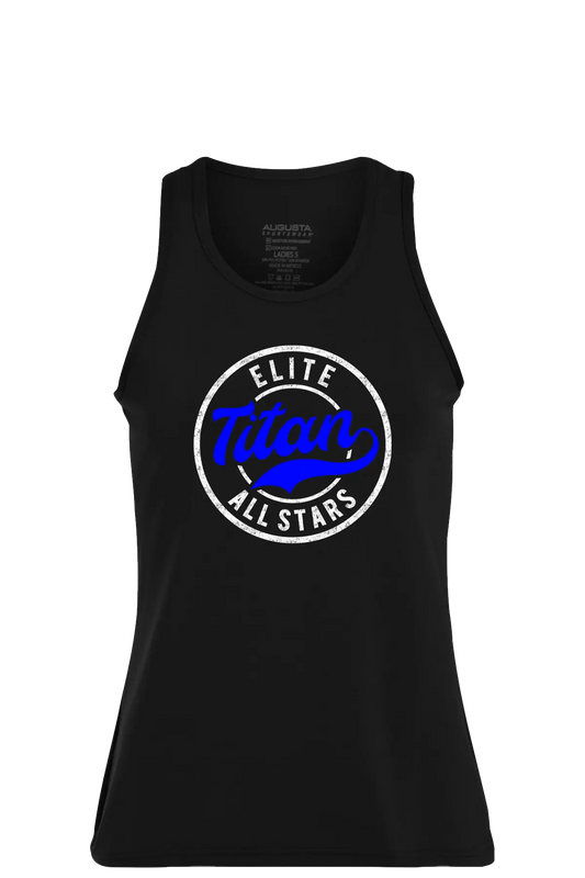 Black tank top with 'Elite Titan All Stars' logo on a white background. Paper Street Print Co, Blairstown, NJ.