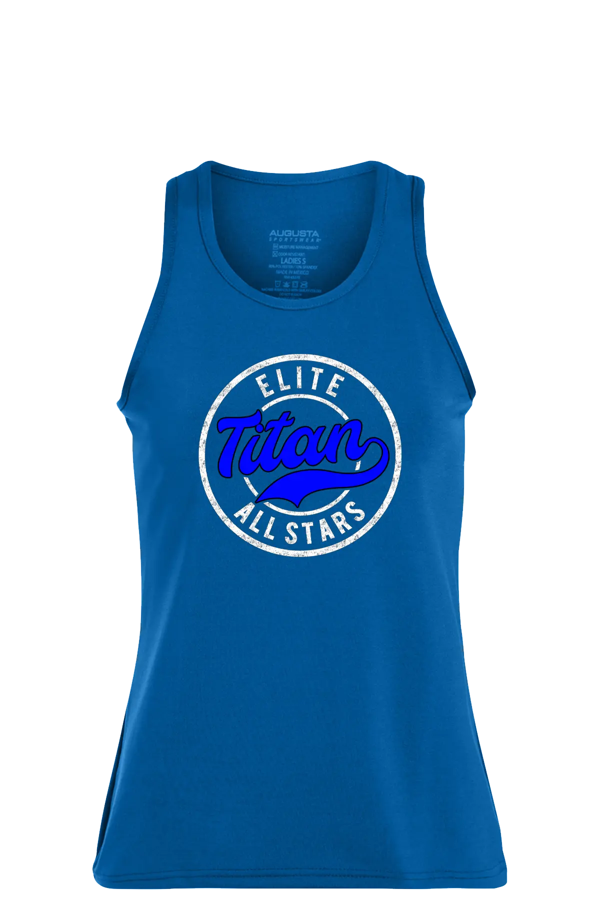 Blue tank top with 'Elite Titan All Stars' logo on a white background. Paper Street Print Co, Blairstown, NJ.