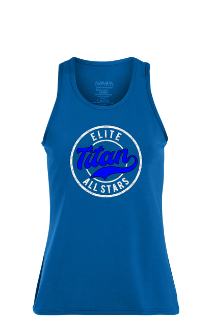 Blue tank top with 'Elite Titan All Stars' logo on a white background. Paper Street Print Co, Blairstown, NJ.