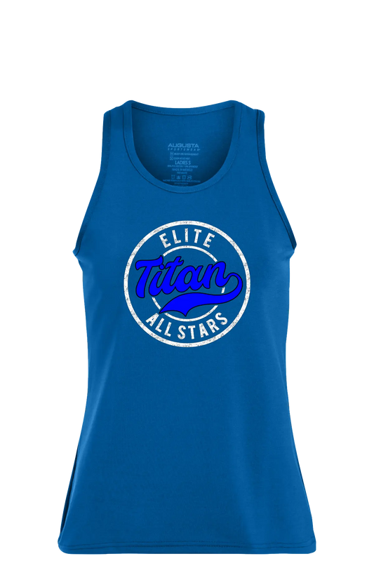Blue tank top with 'Elite Titan All Stars' logo on a white background. Paper Street Print Co, Blairstown, NJ.