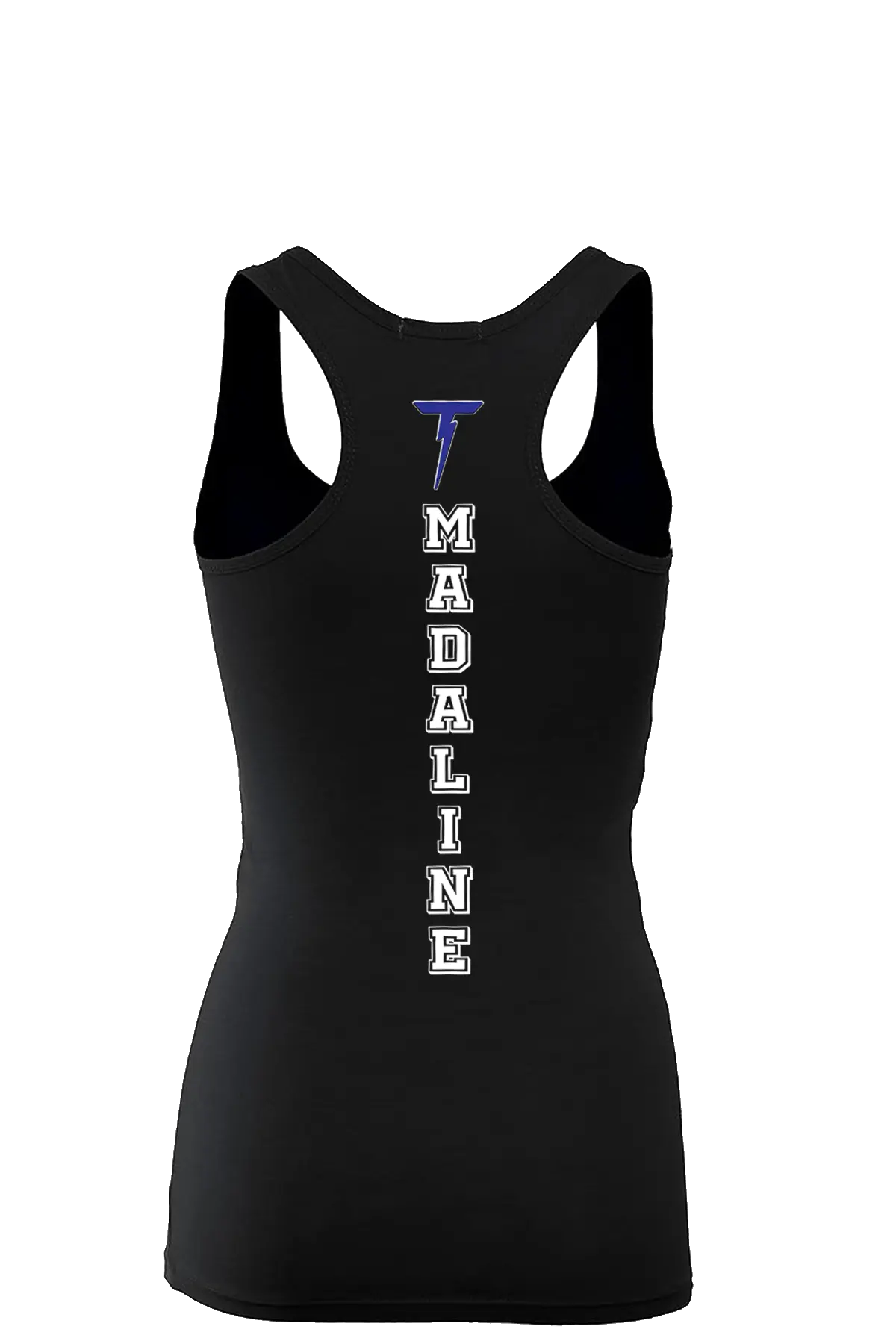 Black tank top with 'T Madaline' printed on the back against a white background. Paper Street Print Co, Blairstown, NJ.