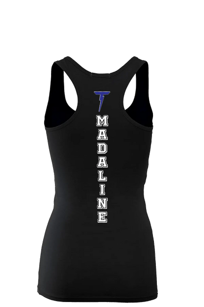 Black tank top with 'T Madaline' printed on the back against a white background. Paper Street Print Co, Blairstown, NJ.