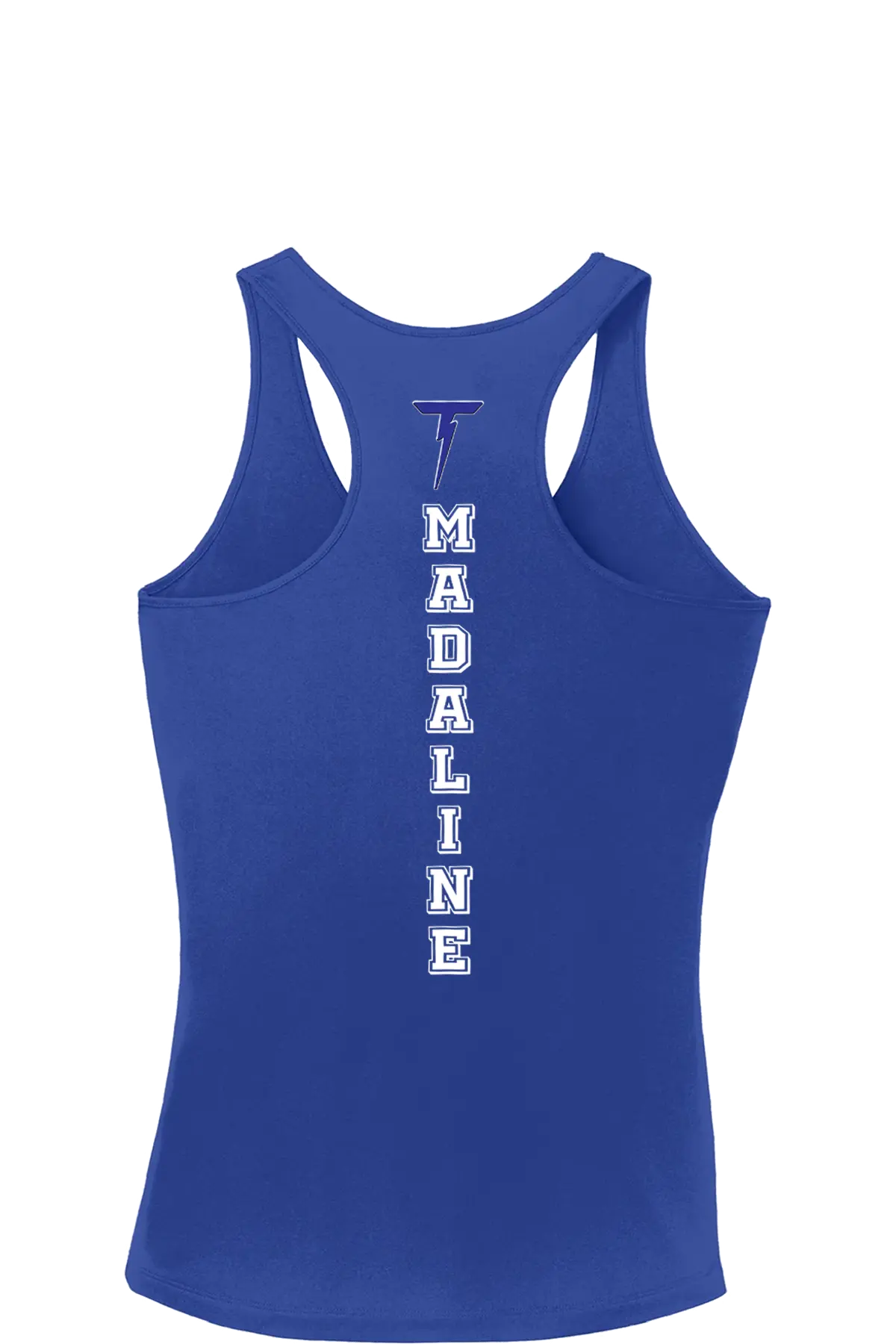Blue tank top with 'MADALINE' printed vertically on the back against a white background. Paper Street Print Co, Blairstown, NJ.