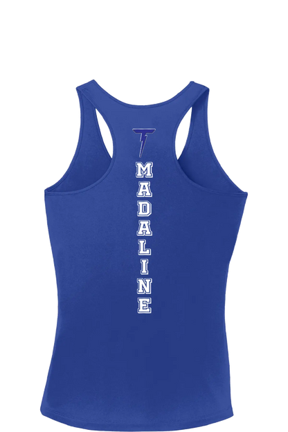 Blue tank top with 'MADALINE' printed vertically on the back against a white background. Paper Street Print Co, Blairstown, NJ.