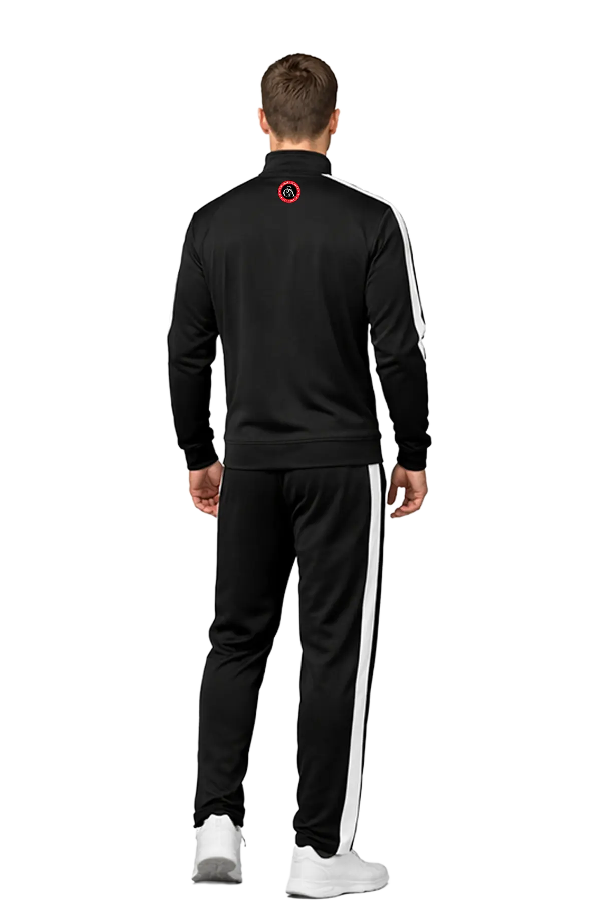 Man wearing a black tracksuit with white stripes on a white background. CSA Cheshire Soccer Academy, Paper Street Print Co, Blairstown, NJ.
